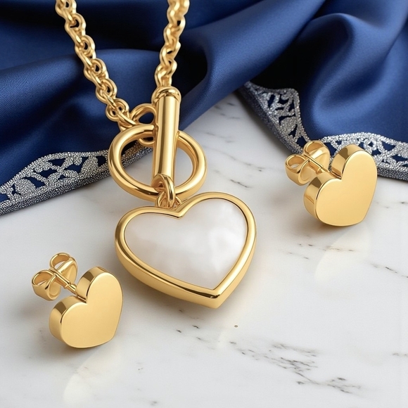 18K Gold Plated Heart Jewelry Set 💖Dainty Earrings & Necklace w/ Shell Inlay - Picture 8 of 14